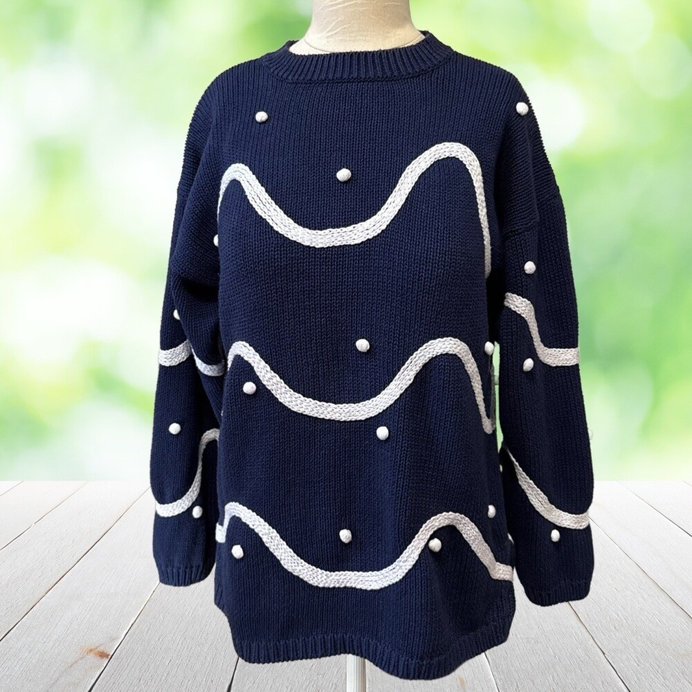 Vintage 3D Bobble Sweater Embroidered Wavy Artwear Nautical Navy Blue Womens L